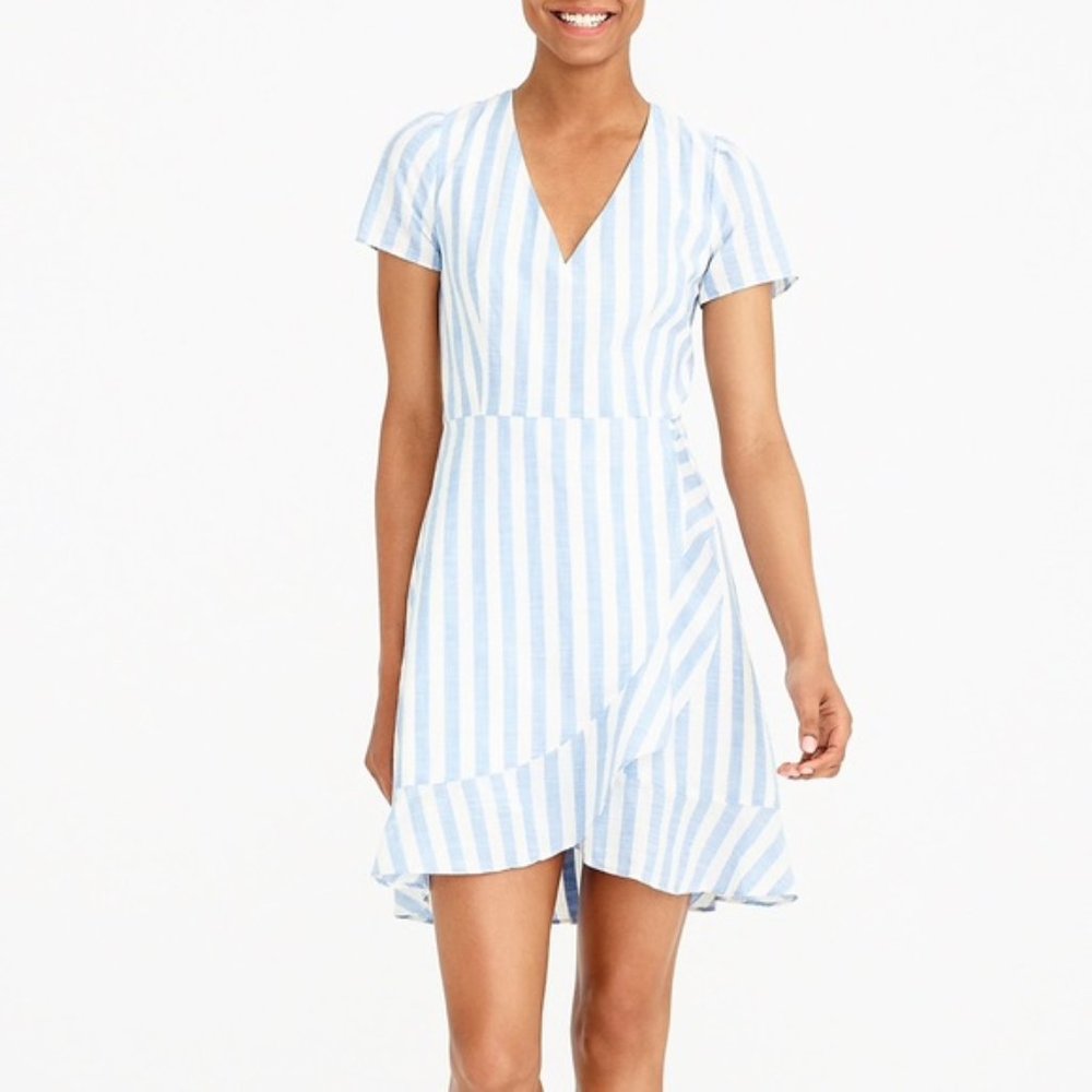 J. Crew Blue White Striped V Neck Faux Wrap Short Sleeve Dress size 2